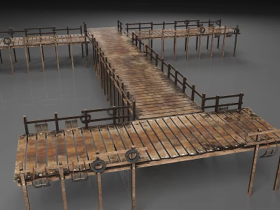 Rustic Wooden Bridge Design With Planks Railings Multiple Platforms And Circular Details 3d model