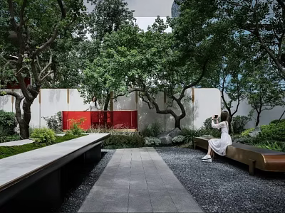 Garden Landscape With Lush Trees Green Plants Stone Path Red Wall And Bench 3d model