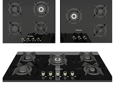 Modern Kitchen Appliance Gas Stove With Four Burners Black Glass Surface And Control Knobs 3d model