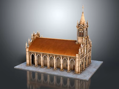 Cartoon Church Scene Featuring Spire Arched Windows Brown Roof And Stone Structure 3d model