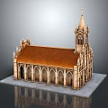 Cartoon Church Scene Featuring Spire Arched Windows Brown Roof And Stone Structure