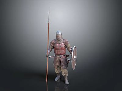 Medieval Armored Warrior Holding Spear And Shield Standing On Grey Background 3d model