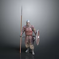 Medieval Armored Warrior Holding Spear And Shield Standing On Grey Background 3d model