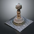 Traditional Stone Building with Carved Tower Structure and Square Slab Base