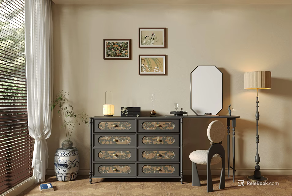 Elegant Dresser With Drawers Round Mirror Framed Paintings On Wall Table Lamp And Accent Chair 3d model 