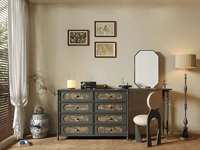 Elegant Dresser With Drawers Round Mirror Framed Paintings On Wall Table Lamp And Accent Chair 3d model