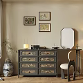 Elegant Dresser With Drawers Round Mirror Framed Paintings On Wall Table Lamp And Accent Chair