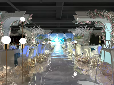 Elegant Banquet Hall Interior With Floral Decorations White Spherical Lights Mirror Floor And Table Settings 3d model
