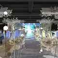 Elegant Banquet Hall Interior With Floral Decorations White Spherical Lights Mirror Floor And Table Settings