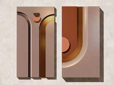 Two Piece Modern Abstract Wall Art With Curved Lines Circular Shapes And Neutral Tones 3d model
