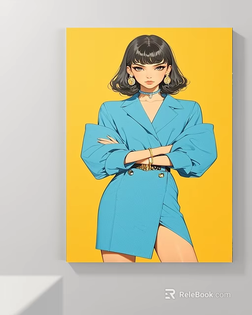 Stylish Woman Portrait In Blue Coat With Yellow Background And Crossed Arms 3d model 