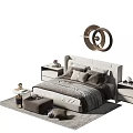 Modern Double Bed With Upholstered Headboard Light Colored Bedding Nightstands And Circular Wall Decor 3d model