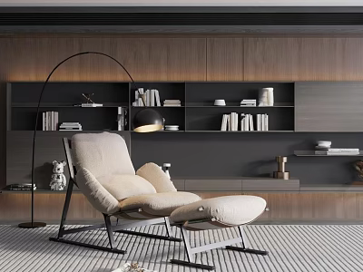Modern Lounge Chair With Ottoman Interior Wooden Wall Black Bookshelf Floor Lamp And Striped Rug 3d model