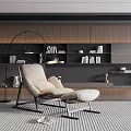 Modern Lounge Chair With Ottoman Interior Wooden Wall Black Bookshelf Floor Lamp And Striped Rug