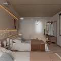 Hotel Guest Room With Two Beds Beige Bedding Circular Wall Decor Vase And Wooden Floor