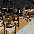 Modern Restaurant Interior With Wooden Tables Red Chairs And Hanging Lights