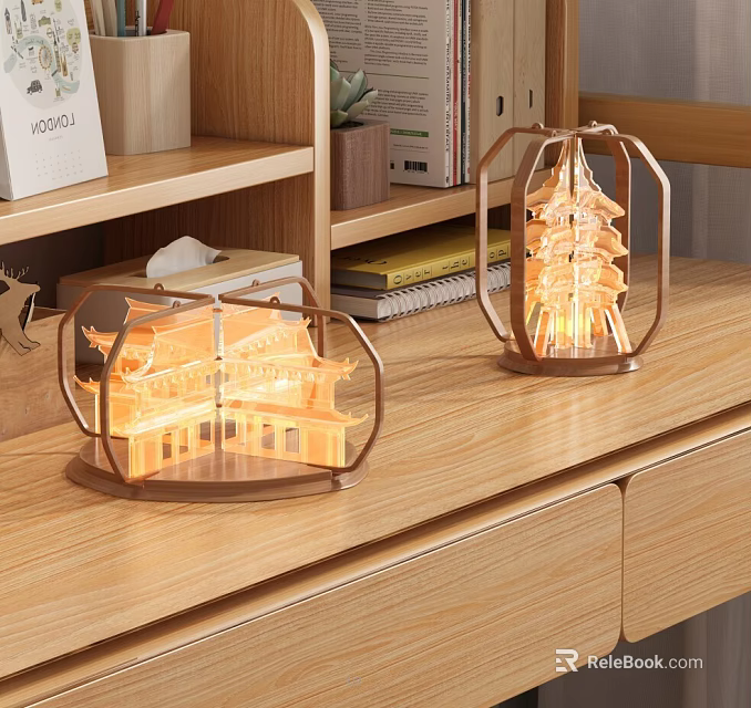 Lighted Chinese Architectural Decorative Ornament Set with Metal Frame for Tabletop 3d model