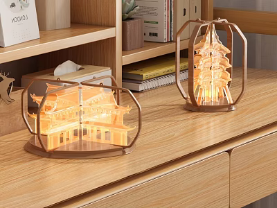 Lighted Chinese Architectural Decorative Ornament Set with Metal Frame for Tabletop 3d model