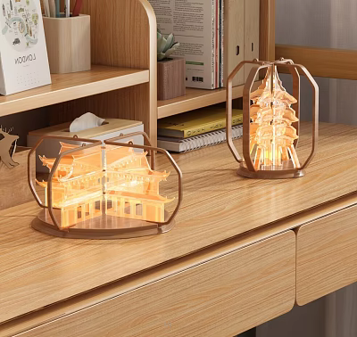 Lighted Chinese Architectural Decorative Ornament Set with Metal Frame for Tabletop 3d model