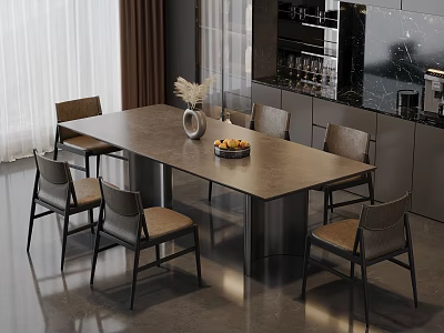 Modern Dining Table Set With Six Chairs Vase And Fruit Bowl In Contemporary Kitchen 3d model