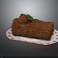 Decorated Wooden Log Cake With Green Leaves On White Plate And Lace Doily