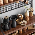 Organized Kitchen Shelves With Wooden Kitchenware Jars Bowls Baskets Hanging Utensils And Green Plants