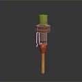 Ancient Decorative Weapon Featuring Brass Top Wooden Handle And Red Ring Accents