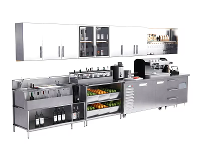 Stainless Steel Functional Kitchen Table with Cabinets Fruit Rack Wine Storage and Coffee Machine 3d model