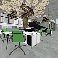 Modern Public Office Space With Large Tree-Shaped Decoration Green Chairs And Open Layout Design