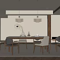Modern Restaurant Interior With Dining Table Chairs Pendant Lights Artwork And Warm Rug
