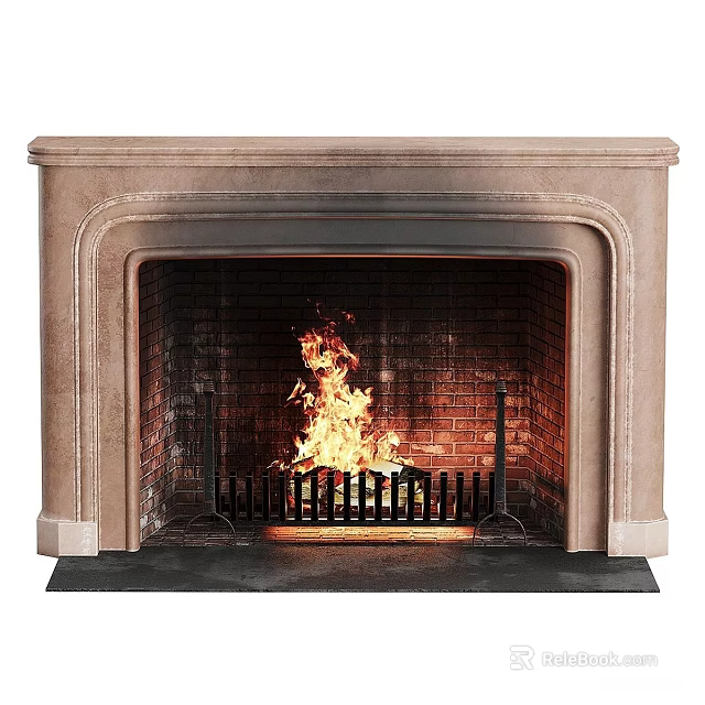 Classic Brick Fireplace with Burning Fire and Elegant Mantel Interior 3d model