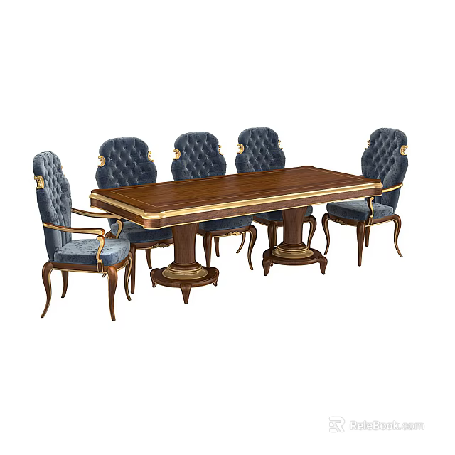 Classic Wooden Dining Table Set With Upholstered Chairs And Ornate Details 3d model 