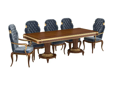 Classic Wooden Dining Table Set With Upholstered Chairs And Ornate Details 3d model