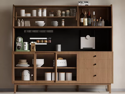 Modern Kitchen Wooden Sideboard With Shelves Drawers Storage Jars And Tableware 3d model