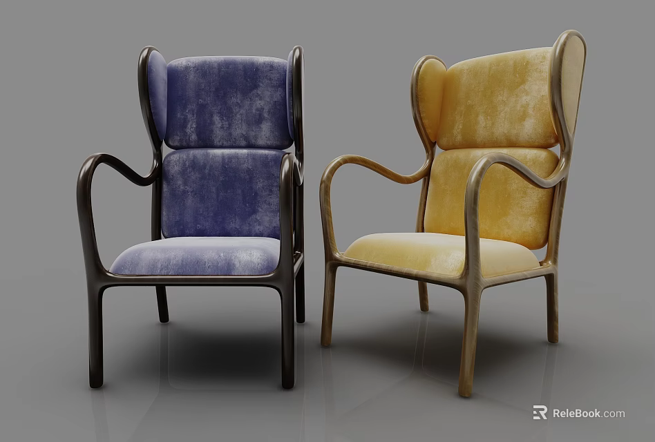 Stylish Blue And Yellow Leisure Chairs With Velvet Upholstery And Wooden Armrest Frame 3d model 