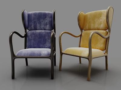 Stylish Blue And Yellow Leisure Chairs With Velvet Upholstery And Wooden Armrest Frame 3d model