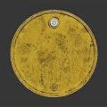 Yellow Rusty Metal Barrel With Warning Label On Dark Reflective Surface
