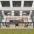 Modern Patio Garden With Glass Enclosed Pergola White Building Large Windows Lawn And Outdoor Furniture