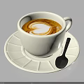 Latte Art With Heart Shape In White Coffee Cup On Saucer And Spoon