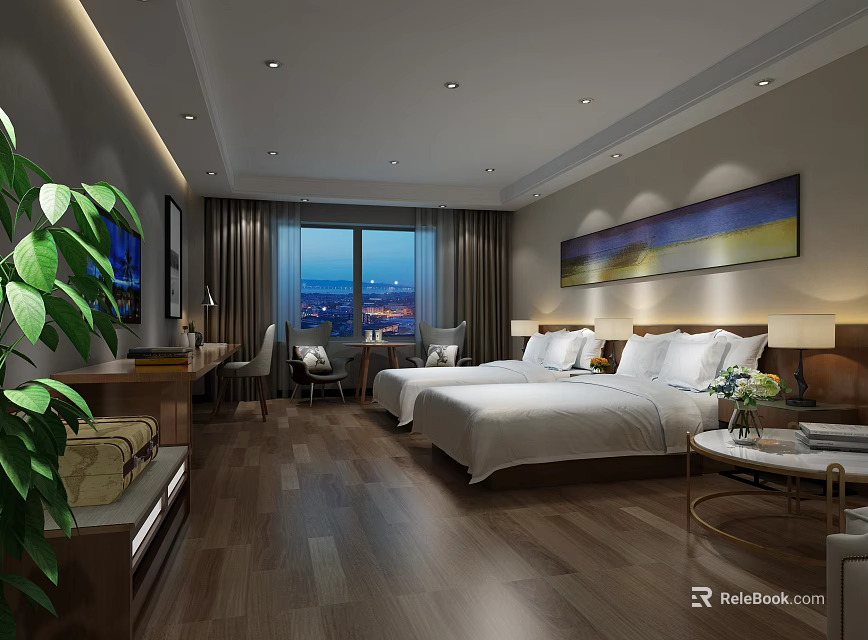 Modern Hotel Room Interior With Double Beds City View Wooden Flooring And Decorative Art 3d model 