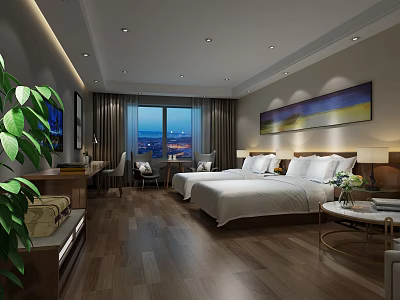 Modern Hotel Room Interior With Double Beds City View Wooden Flooring And Decorative Art 3d model