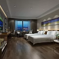 Modern Hotel Room Interior With Double Beds City View Wooden Flooring And Decorative Art