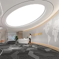 Modern Service Hall With Circular Ceiling Light World Map Wall Reception Desk And Staff Member 3d model