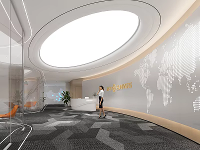 Modern Service Hall With Circular Ceiling Light World Map Wall Reception Desk And Staff Member 3d model