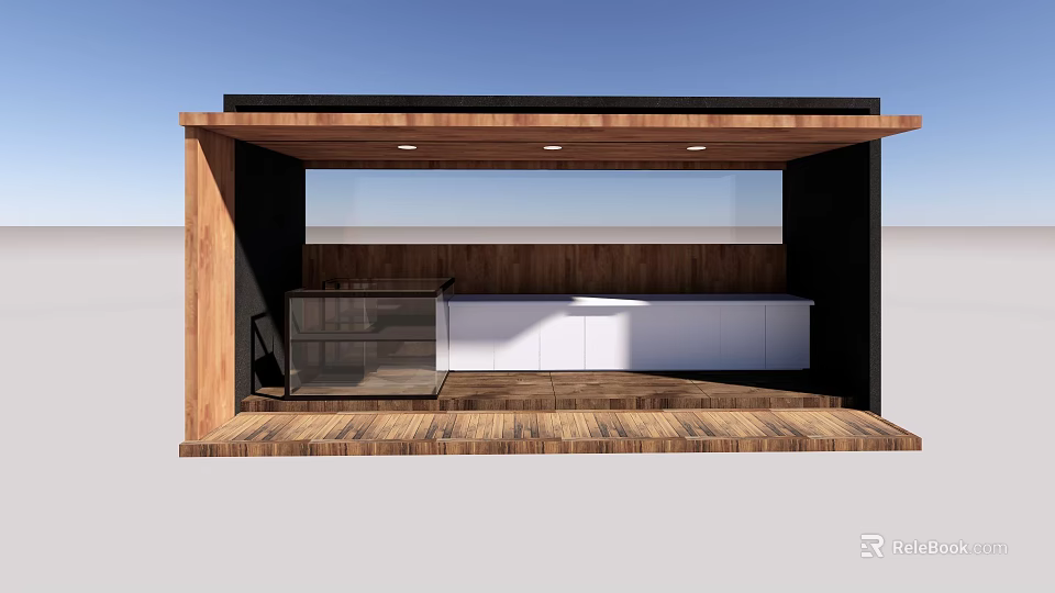 Modern Landscape Pavilion Featuring Wooden Structure Black Roof White Counter And Glass Railings 3d model 