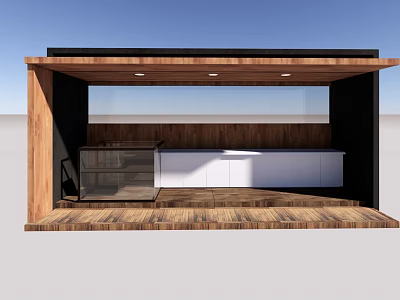 Modern Landscape Pavilion Featuring Wooden Structure Black Roof White Counter And Glass Railings 3d model