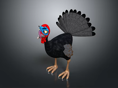 Turkey 3D Model With Blue Head Red Wattle Spread Tail Feathers And Yellow Eyes 3d model