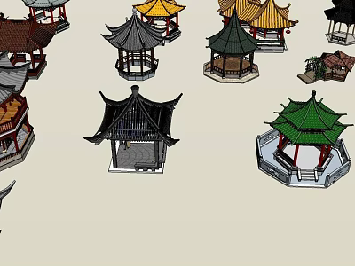 Chinese traditional pavilion models with various colored roofs and styles for architectural display and collection 3d model