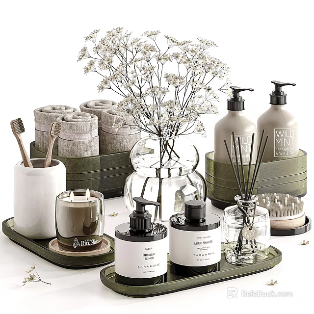 Stylish Bathroom Daily Essentials Arrangement With Rolled Towels Toothbrushes Soap Dispensers And Scented Candles 3d model 