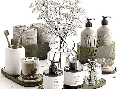 Stylish Bathroom Daily Essentials Arrangement With Rolled Towels Toothbrushes Soap Dispensers And Scented Candles 3d model